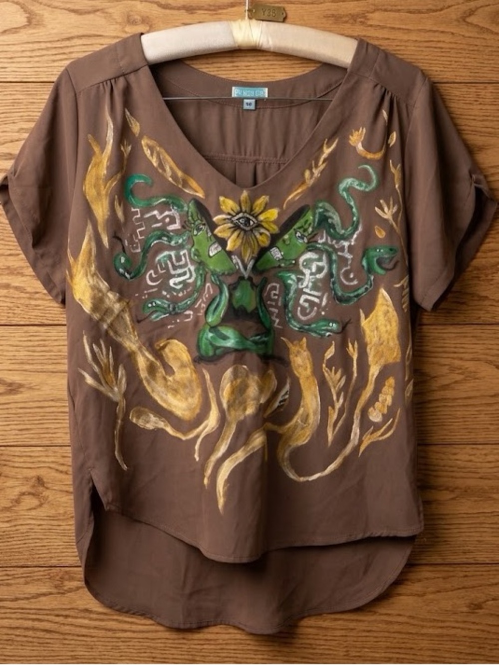 Hand-Painted Blouse Shirt Third Eye Alien Art Artsy Artist Snake V neck Women